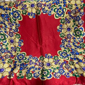 CHANEL Red Silk Scarf with Gold and Blue Floral Design